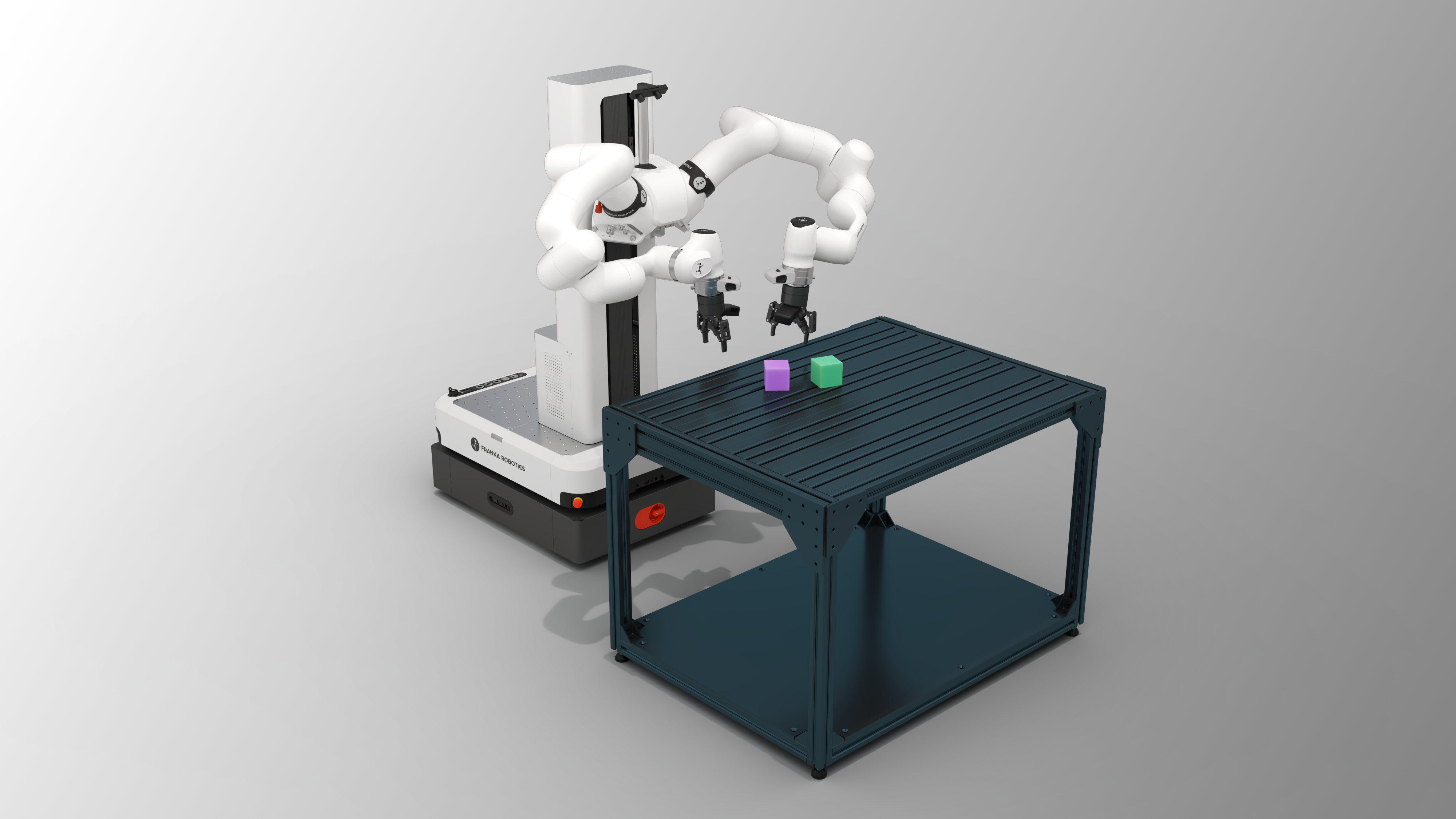 Mobile FR3 Duo robot performing manipulation task at a workbench